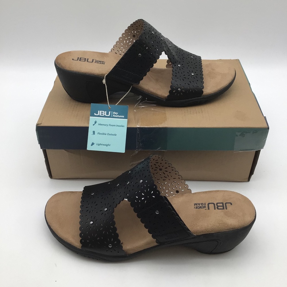 JBU Sanya Womens Black Laser Cut Wedge Sandals Memory Foam Slides Size 10 M NEW